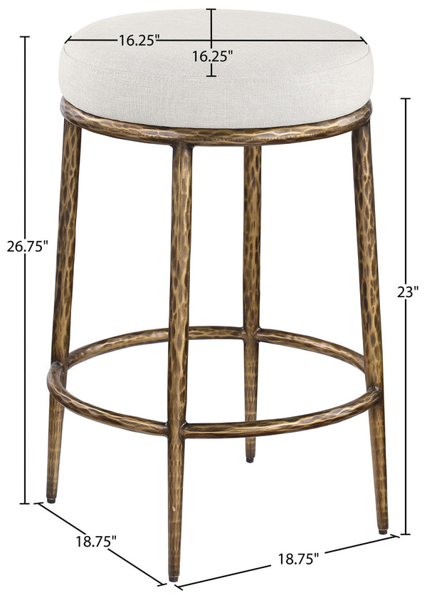 Meridian Furniture Ferro Brushed Brass Iron Barstool with Cream Linen Performance Fabric Kitchen Island Seat 88064Cream-C