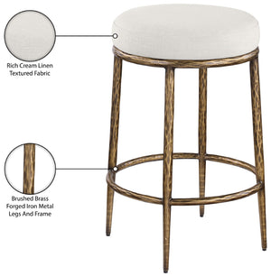 Meridian Furniture Ferro Brushed Brass Iron Barstool with Cream Linen Performance Fabric Kitchen Island Seat 88064Cream-C