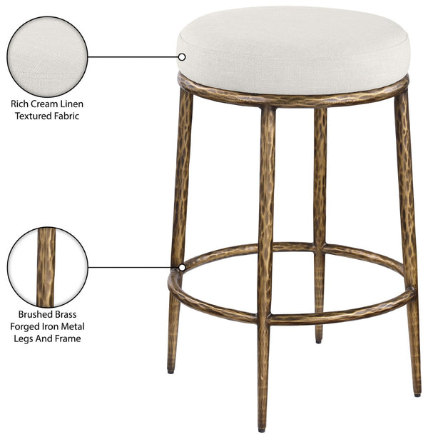Meridian Furniture Ferro Brushed Brass Iron Barstool with Cream Linen Performance Fabric Kitchen Island Seat 88064Cream-C