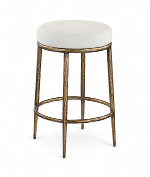 Meridian Furniture Ferro Brushed Brass Iron Barstool with Cream Linen Performance Fabric Kitchen Island Seat 88064Cream-C