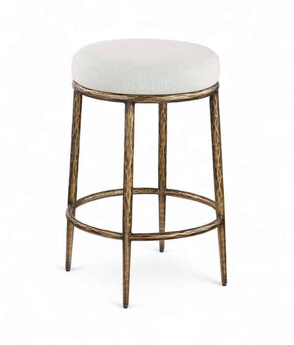 Meridian Furniture Ferro Brushed Brass Iron Barstool with Cream Linen Performance Fabric Kitchen Island Seat 88064Cream-C
