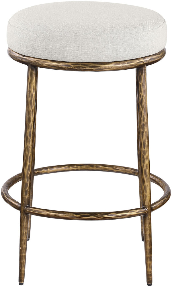 Meridian Furniture Ferro Brushed Brass Iron Barstool with Cream Linen Performance Fabric Kitchen Island Seat 88064Cream-C