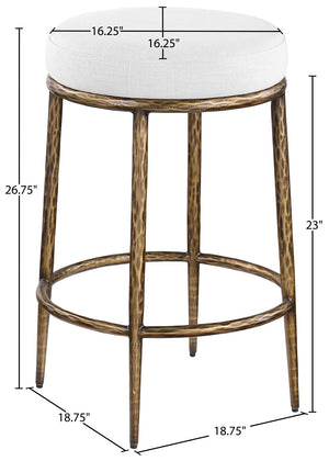Meridian Furniture Ferro Brushed Brass Iron Counter Stool with White Linen Performance Upholstery 88064White-C