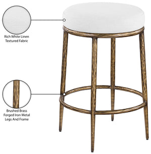 Meridian Furniture Ferro Brushed Brass Iron Counter Stool with White Linen Performance Upholstery 88064White-C