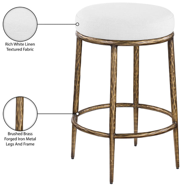 Meridian Furniture Ferro Brushed Brass Iron Counter Stool with White Linen Performance Upholstery 88064White-C