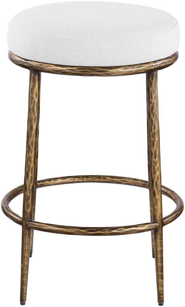 Meridian Furniture Ferro Brushed Brass Iron Counter Stool with White Linen Performance Upholstery 88064White-C