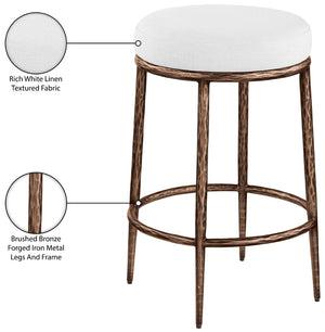 Meridian Furniture Ferro Sculptural Counter Stool with Stain Resistant Linen Seat and Bronze Iron Frame 88065White-C