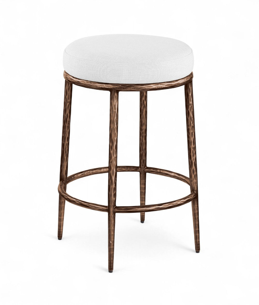 Meridian Furniture Ferro Sculptural Counter Stool with Stain Resistant Linen Seat and Bronze Iron Frame 88065White-C