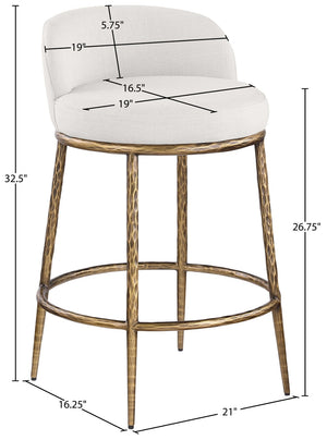 Meridian Furniture Ferro Sculptural Counter Stool with Brass Iron Legs and Stain Resistant Linen Fabric 88067Cream-C