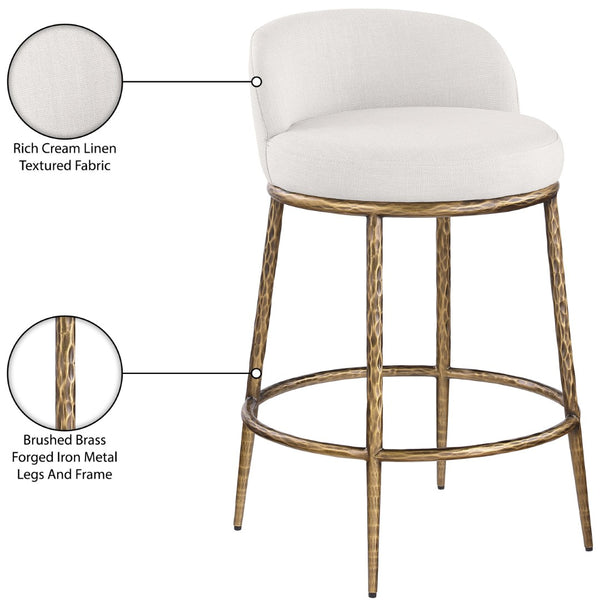 Meridian Furniture Ferro Sculptural Counter Stool with Brass Iron Legs and Stain Resistant Linen Fabric 88067Cream-C