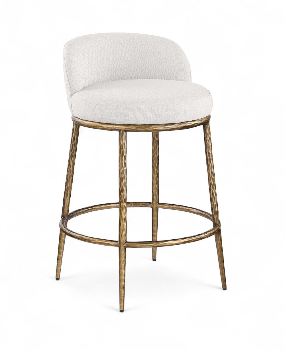 Meridian Furniture Ferro Sculptural Counter Stool with Brass Iron Legs and Stain Resistant Linen Fabric 88067Cream-C