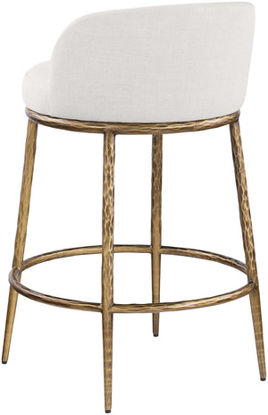 Meridian Furniture Ferro Sculptural Counter Stool with Brass Iron Legs and Stain Resistant Linen Fabric 88067Cream-C