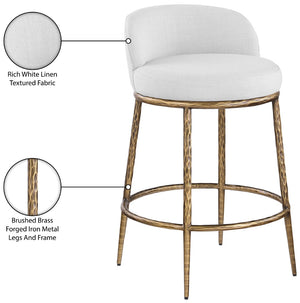 Meridian Furniture Ferro Brushed Brass Iron Stool with Stain Resistant Linen Upholstery for Kitchen Islands 88067White-C