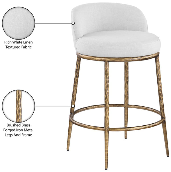 Meridian Furniture Ferro Brushed Brass Iron Stool with Stain Resistant Linen Upholstery for Kitchen Islands 88067White-C