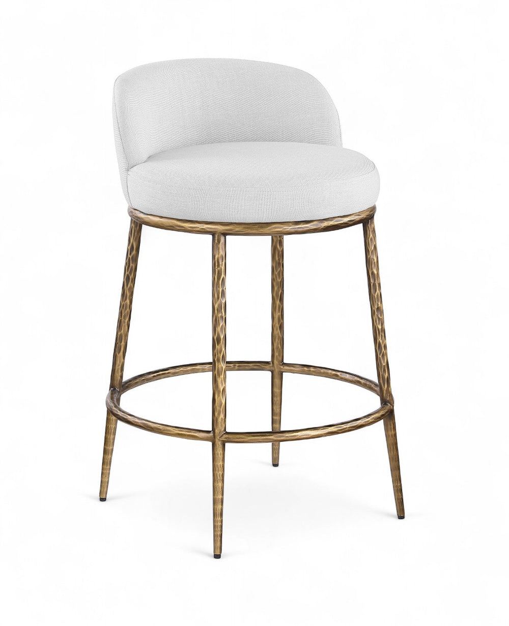 Meridian Furniture Ferro Brushed Brass Iron Stool with Stain Resistant Linen Upholstery for Kitchen Islands 88067White-C