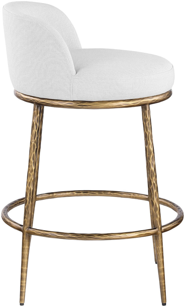Meridian Furniture Ferro Brushed Brass Iron Stool with Stain Resistant Linen Upholstery for Kitchen Islands 88067White-C