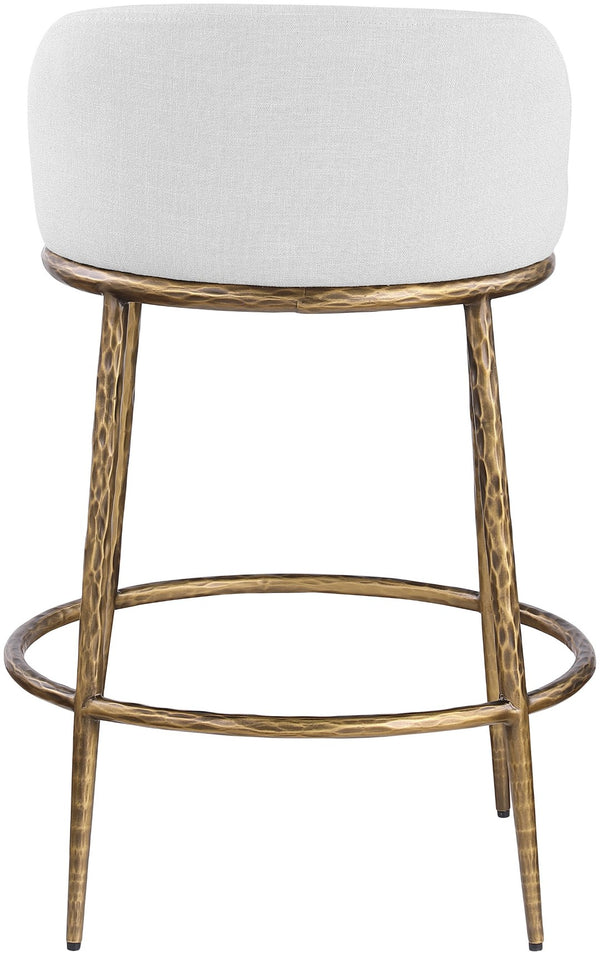 Meridian Furniture Ferro Brushed Brass Iron Stool with Stain Resistant Linen Upholstery for Kitchen Islands 88067White-C