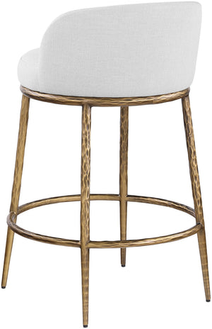 Meridian Furniture Ferro Brushed Brass Iron Stool with Stain Resistant Linen Upholstery for Kitchen Islands 88067White-C