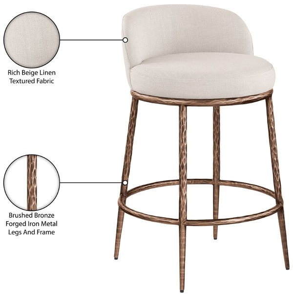 Meridian Furniture Ferro Beige Performance Linen Stool with Bronze Iron Frame for Kitchen Islands 88068Beige-C