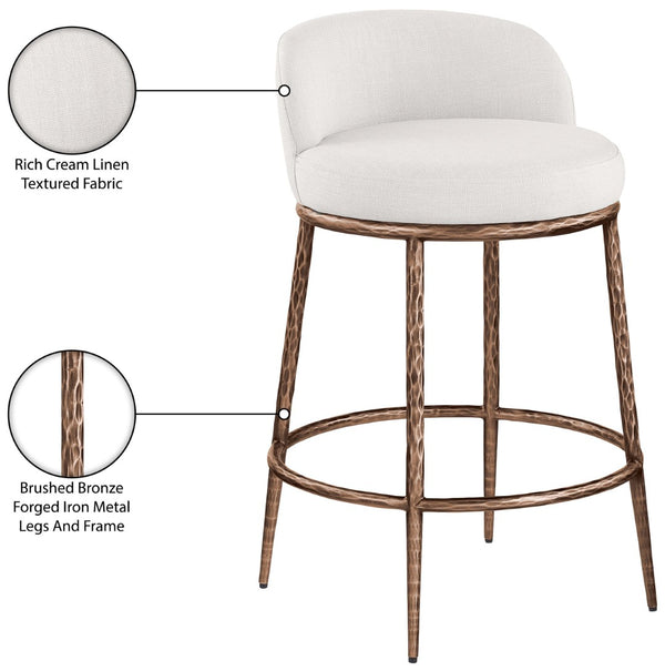 Meridian Furniture Ferro Brushed Bronze Iron Upholstered Counter Stool for Kitchen Islands and Bars 88068Cream-C