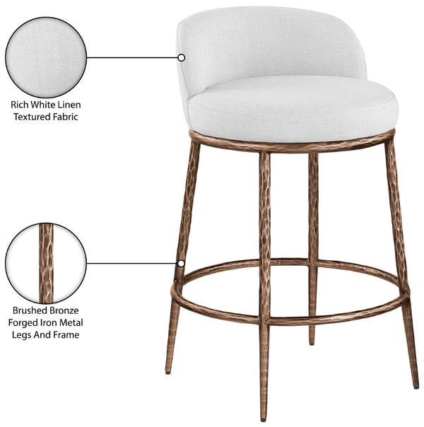Meridian Furniture Ferro Sculptural Counter Stool with Bronze Iron Frame and Stain Resistant Linen Fabric 88068White-C