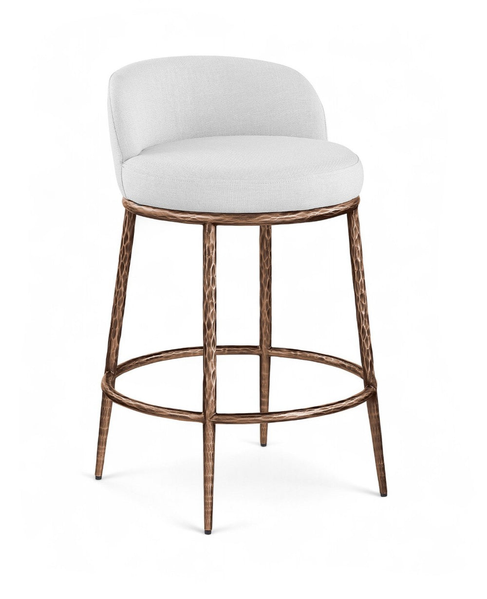 Meridian Furniture Ferro Sculptural Counter Stool with Bronze Iron Frame and Stain Resistant Linen Fabric 88068White-C