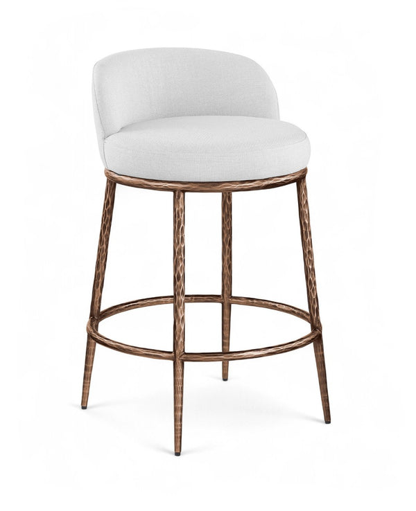 Meridian Furniture Ferro Sculptural Counter Stool with Bronze Iron Frame and Stain Resistant Linen Fabric 88068White-C
