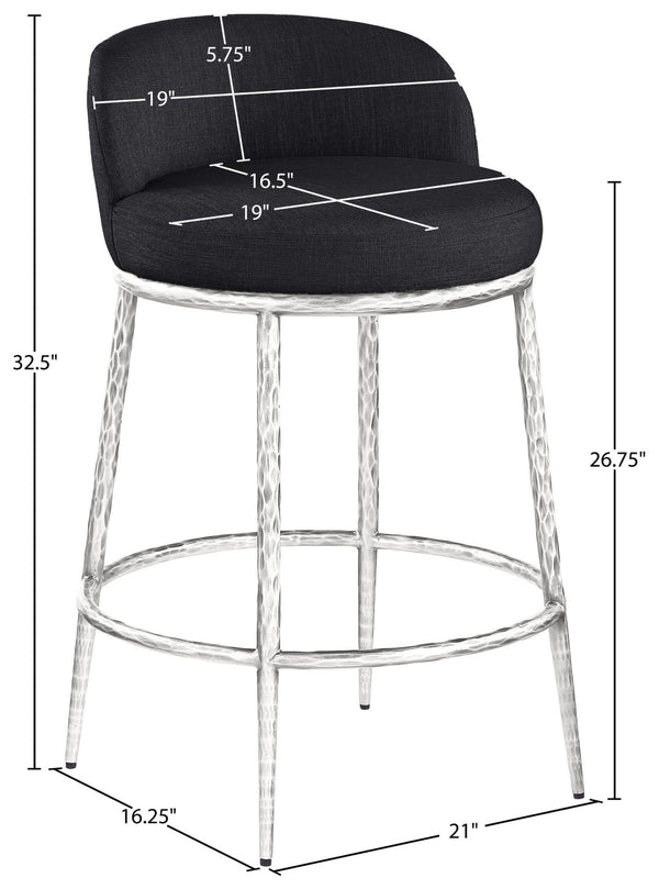 Meridian Furniture Ferro Sculptural Black Performance Fabric Counter Stool with Brushed Silver Iron Base 88069Black-C