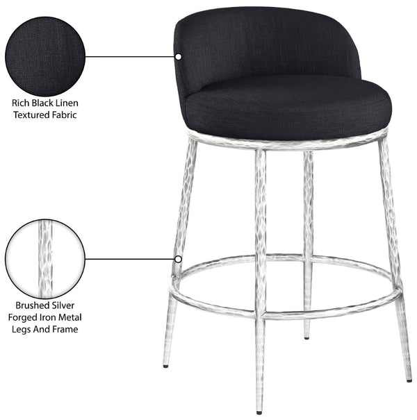 Meridian Furniture Ferro Sculptural Black Performance Fabric Counter Stool with Brushed Silver Iron Base 88069Black-C