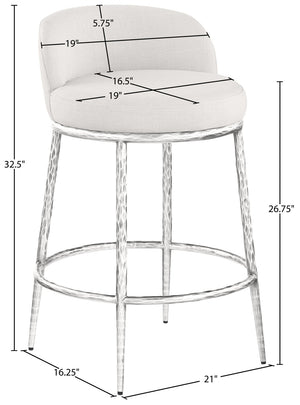 Meridian Furniture Ferro Sculptural Cream Linen Performance Fabric Counterstool with Brushed Silver Iron Base 88069Cream-C