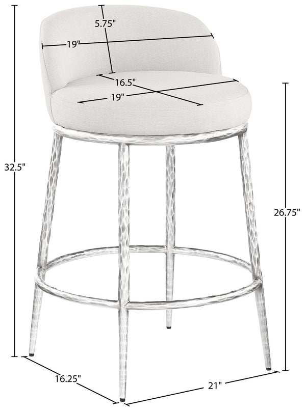 Meridian Furniture Ferro Sculptural Cream Linen Performance Fabric Counterstool with Brushed Silver Iron Base 88069Cream-C