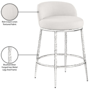 Meridian Furniture Ferro Sculptural Cream Linen Performance Fabric Counterstool with Brushed Silver Iron Base 88069Cream-C