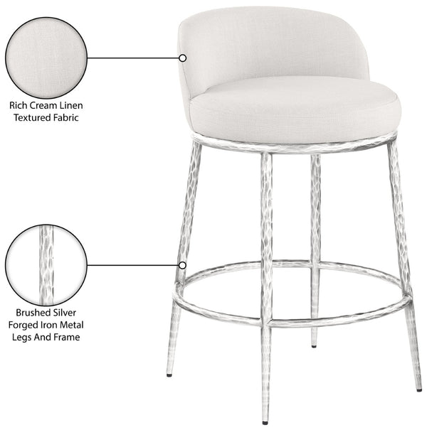 Meridian Furniture Ferro Sculptural Cream Linen Performance Fabric Counterstool with Brushed Silver Iron Base 88069Cream-C