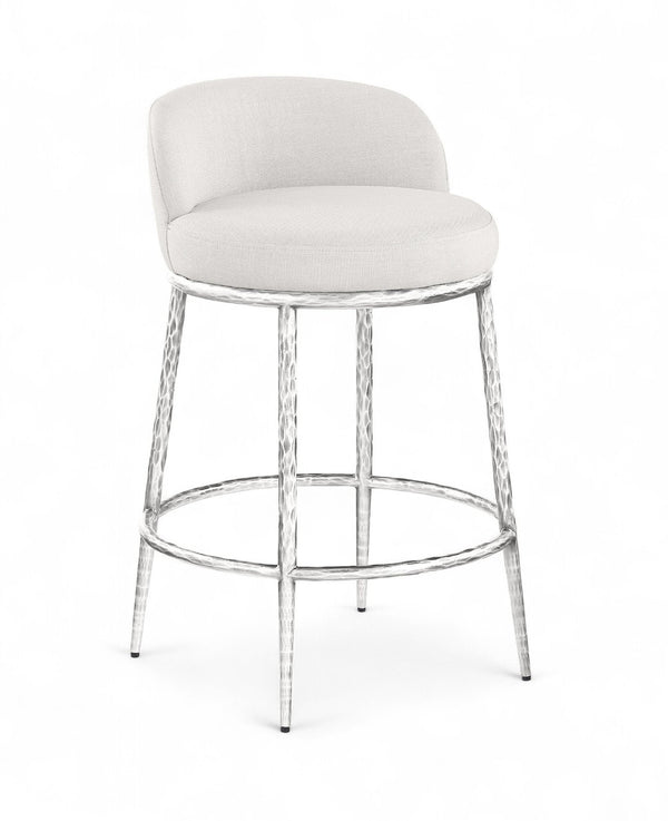 Meridian Furniture Ferro Sculptural Cream Linen Performance Fabric Counterstool with Brushed Silver Iron Base 88069Cream-C