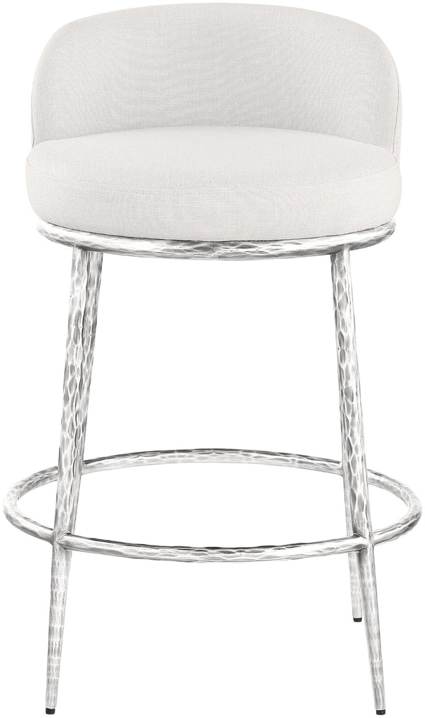 Meridian Furniture Ferro Sculptural Cream Linen Performance Fabric Counterstool with Brushed Silver Iron Base 88069Cream-C