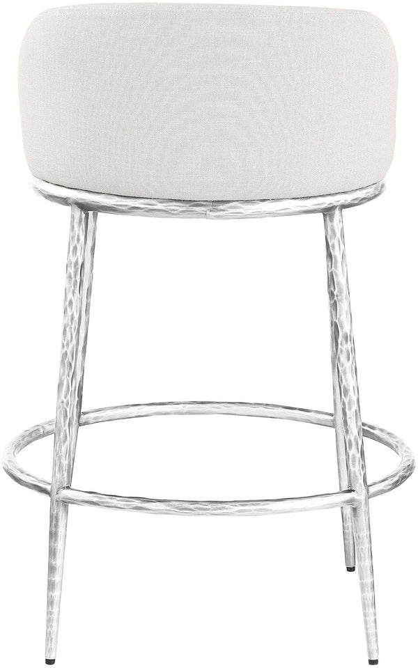 Meridian Furniture Ferro Sculptural Cream Linen Performance Fabric Counterstool with Brushed Silver Iron Base 88069Cream-C