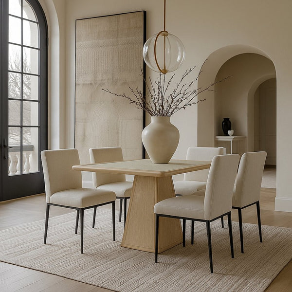 Meridian Furniture Atrium Square Glass and Cane Dining Game Table with Solid Wood Base for Modern Rooms Natural 88070Natural-DT36