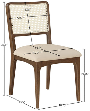 Meridian Furniture Atrium Art Deco Dining Chair with Cane Back Vegan Leather Seat and Walnut Wood Frame Beige Set of 2 88071Beige-C