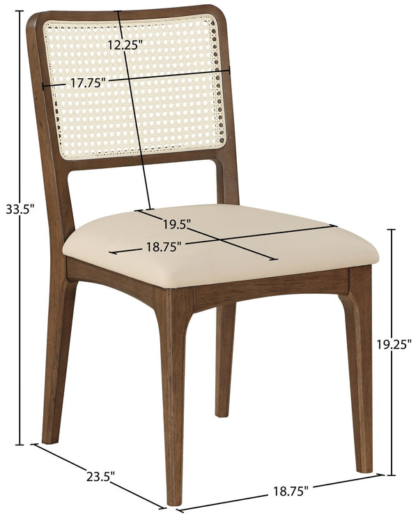 Meridian Furniture Atrium Art Deco Dining Chair with Cane Back Vegan Leather Seat and Walnut Wood Frame Beige Set of 2 88071Beige-C