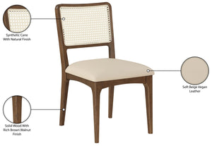 Meridian Furniture Atrium Art Deco Dining Chair with Cane Back Vegan Leather Seat and Walnut Wood Frame Beige Set of 2 88071Beige-C