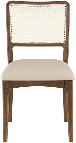 Meridian Furniture Atrium Art Deco Dining Chair with Cane Back Vegan Leather Seat and Walnut Wood Frame Beige Set of 2 88071Beige-C