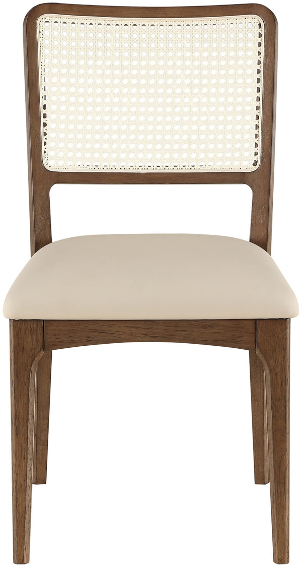 Meridian Furniture Atrium Art Deco Dining Chair with Cane Back Vegan Leather Seat and Walnut Wood Frame Beige Set of 2 88071Beige-C