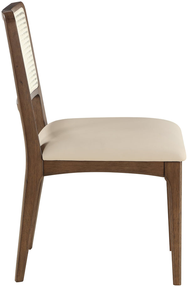 Meridian Furniture Atrium Art Deco Dining Chair with Cane Back Vegan Leather Seat and Walnut Wood Frame Beige Set of 2 88071Beige-C