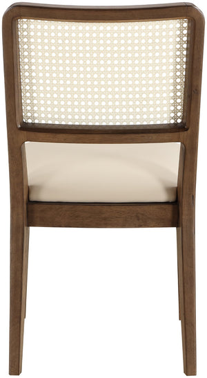 Meridian Furniture Atrium Art Deco Dining Chair with Cane Back Vegan Leather Seat and Walnut Wood Frame Beige Set of 2 88071Beige-C