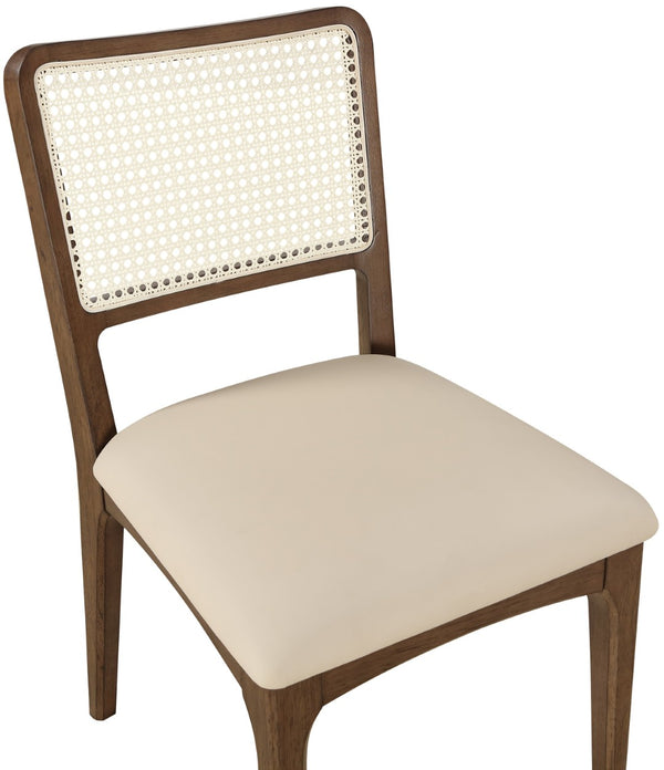 Meridian Furniture Atrium Art Deco Dining Chair with Cane Back Vegan Leather Seat and Walnut Wood Frame Beige Set of 2 88071Beige-C
