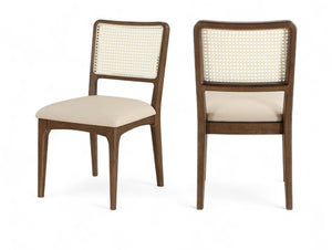 Meridian Furniture Atrium Art Deco Dining Chair with Cane Back Vegan Leather Seat and Walnut Wood Frame Beige Set of 2 88071Beige-C