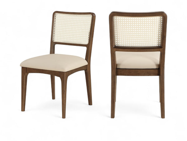 Meridian Furniture Atrium Art Deco Dining Chair with Cane Back Vegan Leather Seat and Walnut Wood Frame Beige Set of 2 88071Beige-C