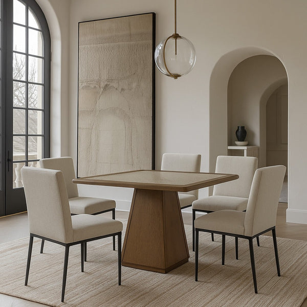 Meridian Furniture Atrium Square Glass and Cane Dining Game Table with Solid Wood Base for Modern Rooms Brown 88071Brown-DT36