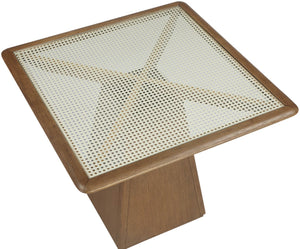 Meridian Furniture Atrium Square Glass and Cane Dining Game Table with Solid Wood Base for Modern Rooms Brown 88071Brown-DT36
