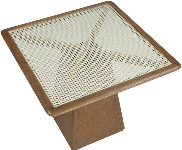 Meridian Furniture Atrium Square Glass and Cane Dining Game Table with Solid Wood Base for Modern Rooms Brown 88071Brown-DT36